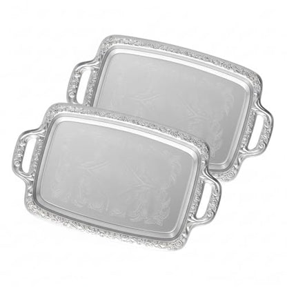 2 Pcs Silver Serving Tray Elegant Floral Metal Plate Silver Platter Tray for Summer Buffet Wedding Party Jewelry Decorative (Oblong with Handle) - style: Oblong