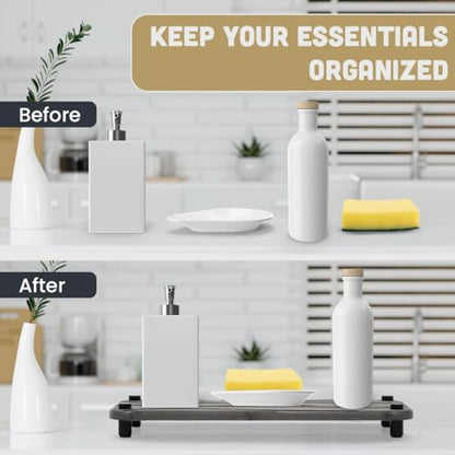 2pc Diatomite Stone Drying Tray, Gray w Blk & Silver Feet | Sink Caddy, Kitchen Sink Organizer, Water Absorbing Bathroom Counter, Absorbent Kitchen Soap Tray - color: Gray