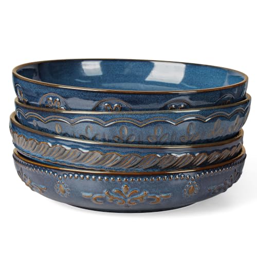 Pasta Bowls, 50oz Large Salad Serving Bowls, 9.75'' Plates Bowls Set of 4, Big Ceramic Soup Bowls for Kitchen, Embossment Shallow Dinner Bowl, Microwave Dishwasher Safe, Multiple Patterns, Blue - color: Blue (Multiple Patterns)