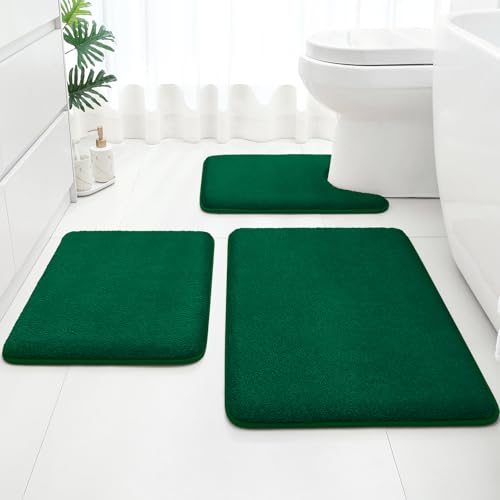 HOMEIDEAS Upgraded Bathroom Rugs Set 3 Piece, Ultra Soft Memory Foam Bath Mats, Super Absorbent Non Slip Washable U-Shaped Toilet Bath Rug (Dark Green, 17"x24"+20"x32"+U-Shaped 20"x24") - color: Dark Green