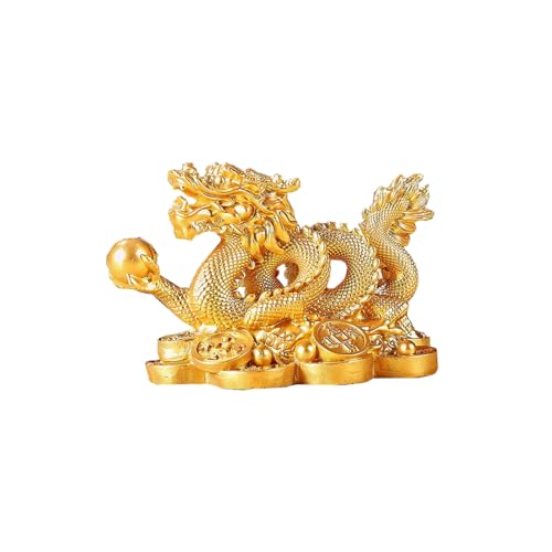 Feng Shui Dragon Statue- Chinese Dragon on Ancient Coins Figurine Ornament Attract Wealth and Good Luck Office Home Decor (Gold) - color: Gold