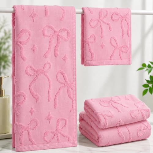 Shemilly Pink Bow Towels Set of 4,100% Cotton 2 Hand Towels 2 Washcloths | Cute Decorative for Bridal Shower Wedding Holiday Home Bathroom Kitchen Decor Gift - color: Pink Bow Set