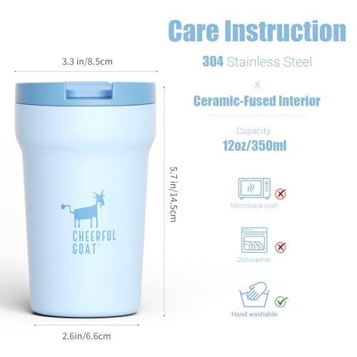 CHEERFUL GOAT Ceramic Lined Coffee Mug – Stainless Steel Travel insulated Tumbler with Ceramic Liner, with lid, 12oz Leak proof Cup for Hot and Cold Water Coffee at Home, Office, or On the Go (Blue) - color: Blue
