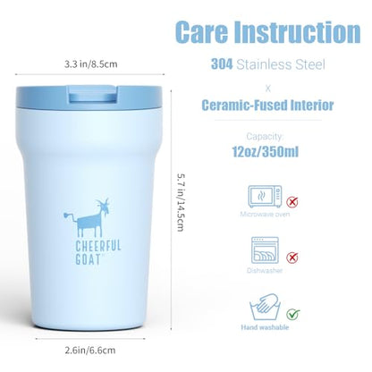 CHEERFUL GOAT Ceramic Lined Coffee Mug – Stainless Steel Travel insulated Tumbler with Ceramic Liner, with lid, 12oz Leak proof Cup for Hot and Cold Water Coffee at Home, Office, or On the Go (Blue) - color: Blue