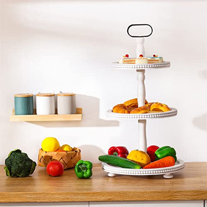 Urban Deco Wooden Tiered Tray 3-Tier Decorative Tray Stand Farmhouse Serving Tray, Round Wooden Cupcake Display Stand with Metal Handle, White Tiered Fruits Tray for Home Party Decorations - style: 3 tier-white