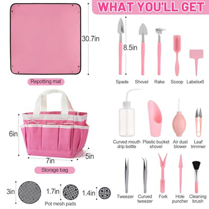 ANPHSIN 44pcs Small Gardening Tools Gifts for Women Beginners, Pink | Garden Hand Tools Set for Indoor Succulent, Bonsai, Plants Transplanting, Included Bag/Repotting Mat/Shovel/Labels - color: Pink