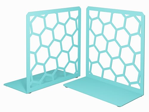 Turquoise Geometric Honeycomb Metal Bookends - Book Ends for Shelves - Decorative Modern Heavy Duty Bookend Stopper - Book Ends for Heavy Books - Home Office Book Holder - 1 Pair, 6x3.25x6.25 in - color: Turquoise, size: 1 Pair