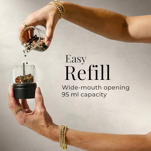 Styled Settings Electric Salt and Pepper Grinder Set, Black & white | Automatic Stainless Steel Battery Operated Salt and Pepper Mill, LED Light, Adjustable Coarseness, Wood Base - color: Black/White