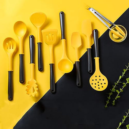 11pcs/set Yellow and Black Silicone Kitchen Utensils Set Kitchen Cooking Utensils With Holder Storage Heat Resistant Non-stick Cooking Tools Kitchen Gadgets Tools Set - color: Yellow and Black Kitchen Utensils