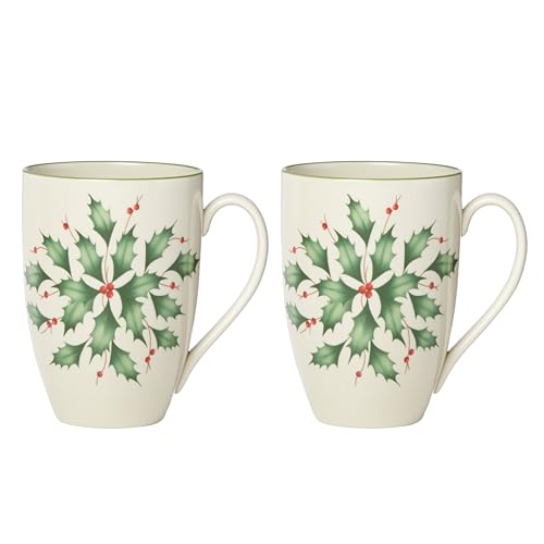 Lenox Hosting the Holidays Holly Porcelain Christmas Mug Set for 2, 14oz | dishwasher safe, microwave safe | coffee mug gift for coffee lovers, gift for women, coffee cups gift - style: Mugs, Holly