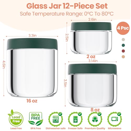 12Pack Overnight Oats Containers with Lids, 16oz, 8oz & 4oz Glass Jars with Airtight Lids, Wide mouth Mason Salad jars, Glass Food Storage Containers for Yogurt Chia Pudding Snacks Cereal & Spices