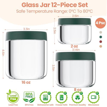 12Pack Overnight Oats Containers with Lids, 16oz, 8oz & 4oz Glass Jars with Airtight Lids, Wide mouth Mason Salad jars, Glass Food Storage Containers for Yogurt Chia Pudding Snacks Cereal & Spices