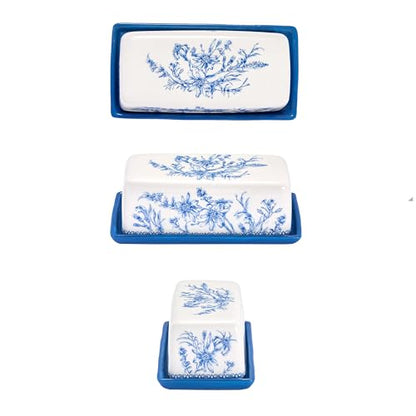 Bico Blue Garden Toile De Jouy Ceramic Butter Dish with Lid, Wide Butter Keeper for Counter, Kitchen Countertop, Microwave and Dishwasher Safe - color: Blue Garden Toile De Jouy