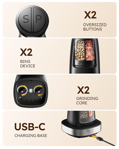 Sangcon 2-in-1 Rechargeable Salt and Pepper Grinder, USB-C Charging Base, One-Handed Automatic Grinder with Adjustable Coarseness & Light, Dual-Chamber Refillable Mill, Housewarming Gifts for Cooks - color: Gunmetal Plus