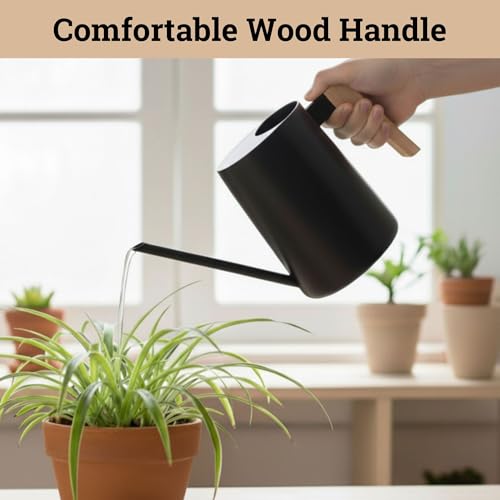 Metal Small Indoor Watering Can with Long Spout & Real Wood Handle, 35oz | Long Spout, Stainless Steel, Real Wood Handle, Gentle Flow, No Spills, Suitable for House Plants, Succulents & Seedlings - color: Black