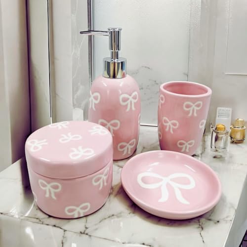 Bow Bathroom Set, 4 Pcs Ceramic Bathroom Accessory Sets - Soap Dispenser, Tumbler Toothbrush Holder, Vanity Soap Tray, Cotton Swab Jars - Pink Bathroom Decor Gift for Her (Pink) - color: Pink