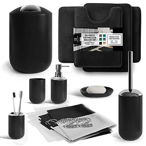Clara Clark Bathroom Set - Black Bathroom Accessories Set, Bathroom Sets with Shower Curtain and Rugs, 23PC Shower Curtain Set with Liner, Soap Dispenser, Toilet Brush, & Trash Can - color: Black, size: Complete Set + Bath Rugs