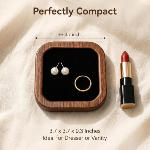 Wooden Jewelry Tray, Ring Holder Trinket Dish, Walnut Wood with Black Velvet Lining, 3.7 x 3.7 Inch, Square
