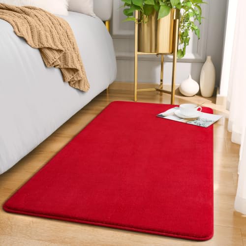 Modern Washable Runner Rugs, 2x4 Feet Red Bedroom Runner Rug | Small Area Rugs for Bedroom Living Room, Non Slip Memory Foam Rug for Hallway Entryway Kids Boys Girls Room Laundry Room - color: Red, size: 2' x 4' (Runner)