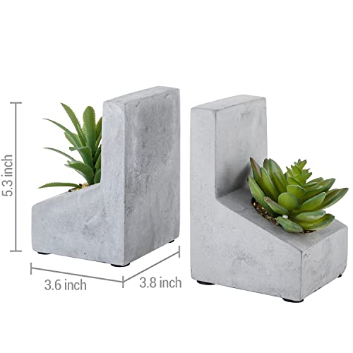 MyGift Concrete L-Shaped Bookends with Artificial Succulent Plants, 1 Pair | Weighted concrete construction helps keep books upright while faux greenery adds a natural decorative accent to shelves - color: Artificial Succulent