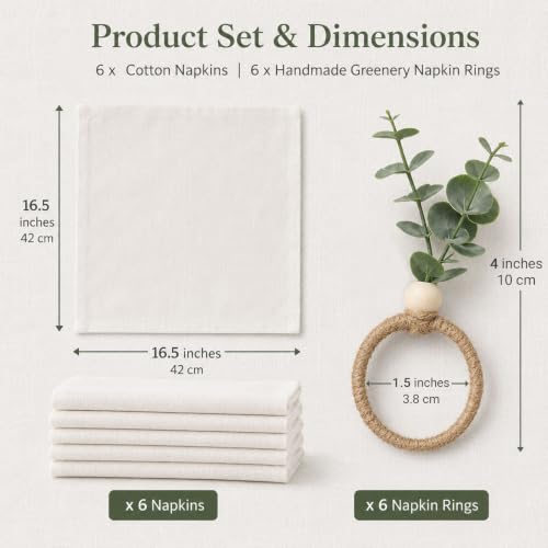 Cloth Napkins and Napkin Rings Set of 6 for Table Decoration | 6PCS White Napkins with 6PCS Boho Green Artificial Leaf Napkin Rings for Wedding Party Dinner Family Gathering Birthday