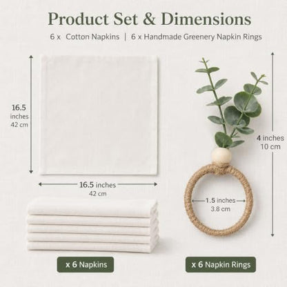 Cloth Napkins and Napkin Rings Set of 6 for Table Decoration | 6PCS White Napkins with 6PCS Boho Green Artificial Leaf Napkin Rings for Wedding Party Dinner Family Gathering Birthday