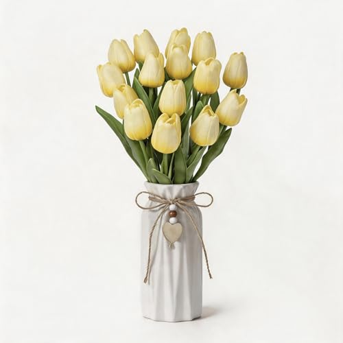 Artificial Tulip Flower Arrangement in Ceramic Vase with Rustic Heart Charm, 15 PCS PU Real Touch Faux Floral Table Centerpiece for Home, Dining Table, Wedding Décor, Light Yellow - color: Light Yellow
