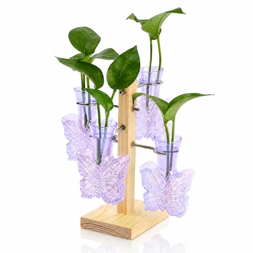 Plant Terrarium Propagation Stations: Purple Vase with Wooden Stand | Irised Crystal Clear Glass, Butterfly Shaped, Home Table Decor, Birthday Gifts for Plant Lovers Women Mom Wife - color: Purple