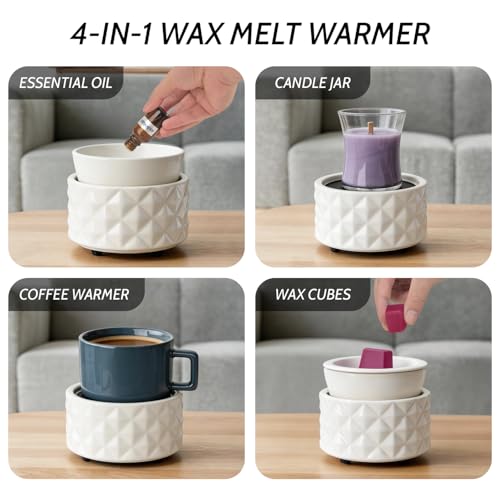 Ceramic Candle Warmer for Large Jars with 1 PC Silicone Liner | Wax Melt Warmer ,4-in-1 Electric Warmer for Jar Candle Wax Cube Essential Oil Coffee Tea Mug, Ideal Gift for Home Office - color: White Diamond