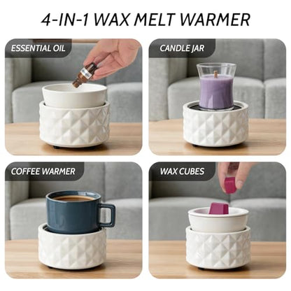 Ceramic Candle Warmer for Large Jars with 1 PC Silicone Liner | Wax Melt Warmer ,4-in-1 Electric Warmer for Jar Candle Wax Cube Essential Oil Coffee Tea Mug, Ideal Gift for Home Office - color: White Diamond