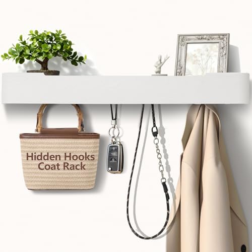 Coat Rack Wall Mount with Shelf 8 Hidden Hooks Modern Wooden Key Holder Entryway Organizer for Hallway Bedroom Bathroom Home Decor Storage for Hanging Coats Hats Bags Towels, White - color: White, size: 8 Hooks