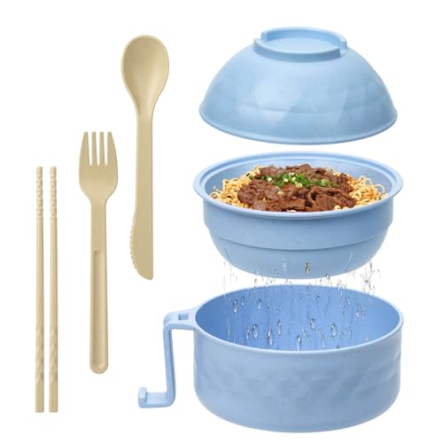 Ramen Cooker,32oz Ramen Bowl Set,Microwave Ramen Bowl, Microwave Bowl with Lid, Portable Noodle Bowls,for Home Office Dorm Room College gift (Light Blue) - color: Light Blue