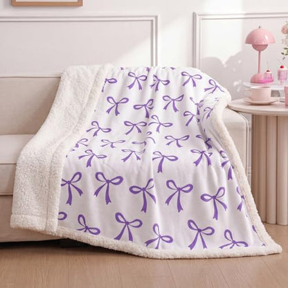 Tegeme Purple Bow Throw Blanket Sherpa Fleece Preppy Coquette Flannel Bow Blanket for Teen Girls Room Back to School Gift White Plush 50" x 60" Aesthetic Soft Bedding for College Dorm Bed Sofa Couch - color: Purple