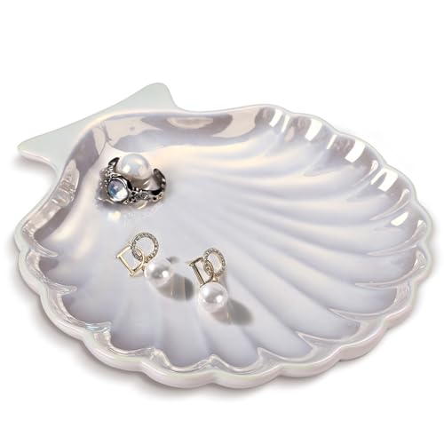 Shell Ring Holder Dish, Shell Jewelry Tray, Trinket Dish, Cute Decorations for Coastal Home Decor, Bathroom Decor, 5.5", White - style: Shell White