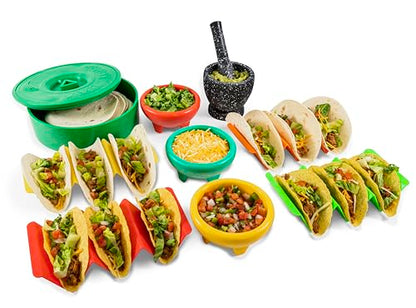 Taco Tuesday Complete Taco Serving Set with Tortilla Warmer, Salsa Bowls, Shell Holders, and Mortar and Pestle - 9-Piece Set - Red, Yellow, and Green - style: Taco Holder Set