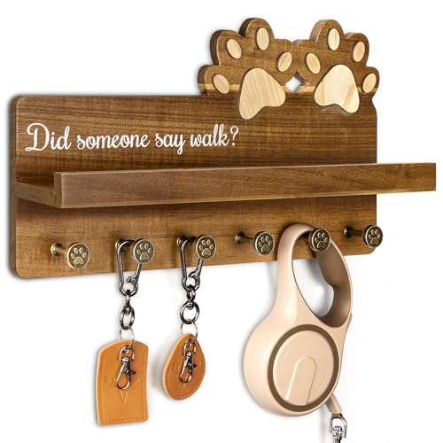 MTERSN Acacia Wood Dog Leash Holder for Wall with Shelf & 6 Hooks, Brown | 3D Doy Paw Six Hooks, Dog Leash Holder for Keys & Sunglasses, Wall Organizer for Entryway, Cute Home Accent for Wall Decor - color: Acacia Wood