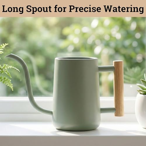 Metal Small Indoor Watering Can with Long Spout & Real Wood Handle, 35oz | Long Spout, Stainless Steel, Real Wood Handle, Gentle Flow, No Spills, Suitable for House Plants, Succulents & Seedlings - color: Sage Green