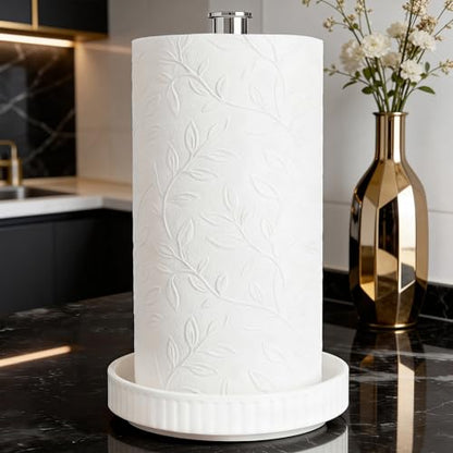 Paper Towel Holder, Ceramic Heavy Plate Base Wobble-Free, Roll Stand-Silver | Effortless Cleaning and Easy to Assemble, Super Large for Triple Rolls, High End Looking as a Good Gift for Kitchen Island - color: Silver
