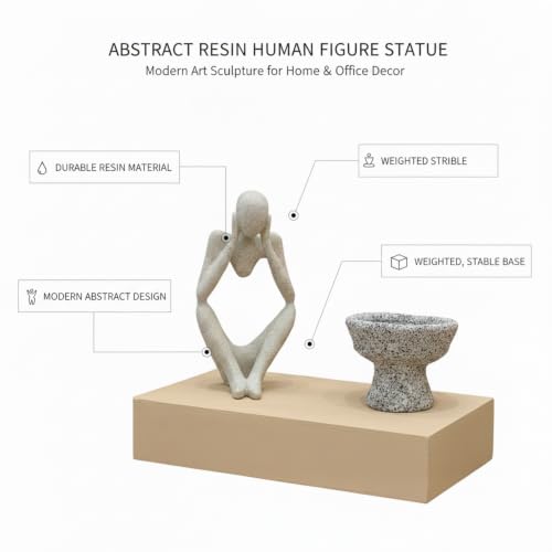 Modern Abstract Resin Human Figure Sculpture, Beige Minimalist Art Statue for Home Office Desk Shelf Decor - size: 7.87 x 2.95 x 11.02 in
