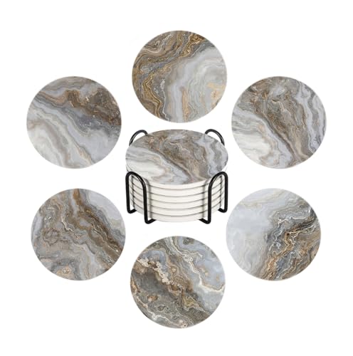 6Pcs Drink Coasters with Holder, Gray and Beige Marble Pattern Absorbent Ceramic Drink Coaster with Cork Base, Home Bar Table & Office Decor House Warming Gift - color: Gray Marble