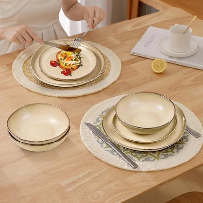 Herogo Dinnerware Sets for 6, 24pcs Stoneware Dinner Dish Set, Irregular Handmade Plates and Bowls Dishware, Crack and Scratch Resistant, Microwave & Dishwasher Safe, Cream Khaki - color: Cream Khaki, size: 6 Set (24pcs)