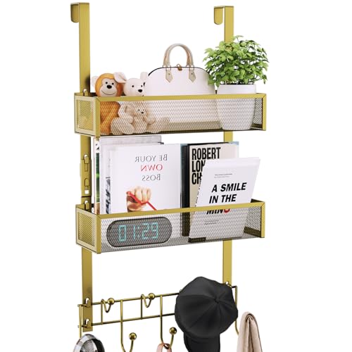 Consumest Over The Door Hooks Organizer - 3 Tier Door Hanger with 9 Coat Hooks & 2 Mesh Basket, Back Storage Organizer Hanging Towels for Bathroom, Bedroom, Gold - color: Gold, size: 3 Tier