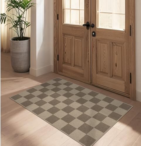Easy Jute Checkered Entryway Rug, 2.6x4 Brown Modern Indoor Outdoor Doormat, Washable Non-Slip Neutral Kitchen Rug Farmhouse Checkerboard Throw Rugs for Entrance Bedroom Bathroom - color: Brown Checkered, size: 2.6' x 4' (Rectangular)