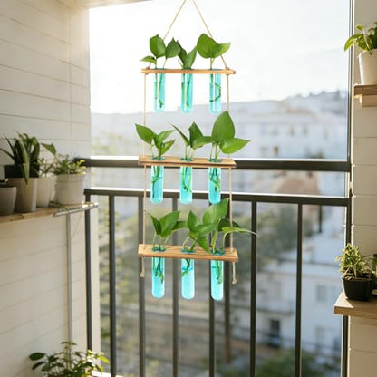 XXXFLOWER Wall Hanging Propagation Station with Wooden Stand Blue | 9 Test Tubes Vases Terrarium Kit, Hanging Planters for Indoor Plants, Wall Decor for Living Room Office - size: Blue-9 Tube Vase