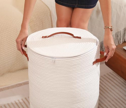 16"x20" Extra Large Cotton Rope Basket with Zipper Lid, Woven Laundry Hamper and Blanket Storage Basket, Round Clothes Bin for Living Room Bedroom, White - color: All White