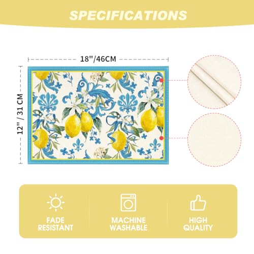 Artoid Mode Blue Lemon Iris Spring Place Mats 12x18 Inch Set of 4 and Table Runner 13x72 Inch