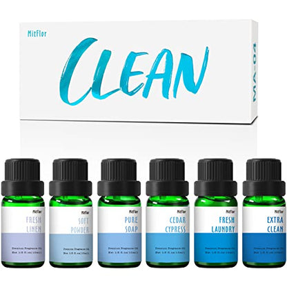 Fragrance Oil Set, MitFlor Clean Essential Oils for Diffusers for Home, 6 x10 ml, Fragrance Oil for Candle Soap Making, Diffuser Oils Gift Set, Fresh Linen, Pure Soap and More Scents