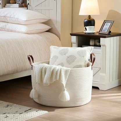Extra Large Nursery Storage Basket, 22 x 22 x 14 inches - 100% Cotton Rope Baskets with Handles, Laundry Basket for Toys, Blankets & Pillows - Off White with Leather Handles - color: White