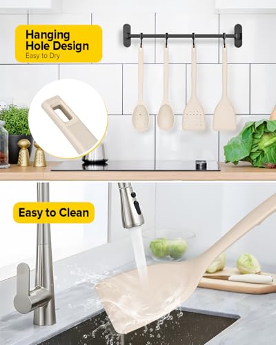 Pack of 4 Silicone Cooking Utensils Set, Non Stick Solid Spatulas and Heat Resistant Slotted Spoons with Back Hooks, Ideal BPA Free Kitchen Utensils Set for Frying,Serving,Turning,Stirring(KHAKI) - color: Khaki