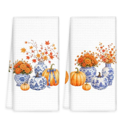 Fall Chinoiserie Kitchen Towels Set of 2, Fall Flowers Hand Towels | Autumn Blue and White Porcelain Dish Tea Towel for Kitchen Decorative, Blue Grandmillennial Fall Bathroom Decor, 16x24In